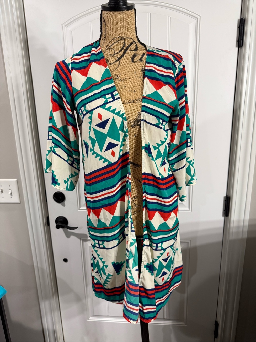 My Story Cream Teal Red Geometric Open-Front Cardigan